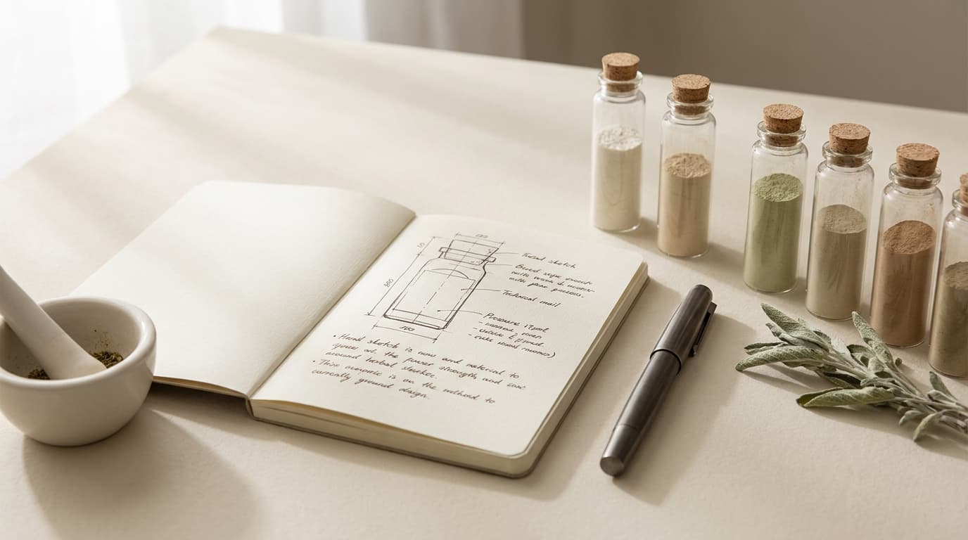 Private-Label-Formulierung — Notizbuch, Pulver-Vials, Mörser