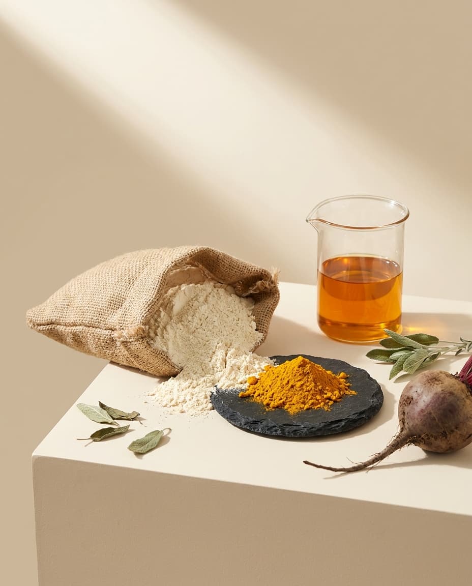 Supplement-Rohstoffe in editorialer Studio-Komposition: Burlap-Sack, Kurkuma, Omega-Öl, Beetroot